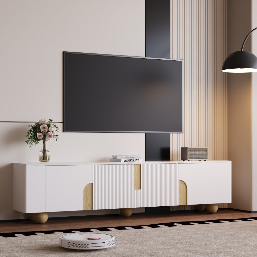 Meuble TV blanc effet marbre blanc et bois avec portes rainurées