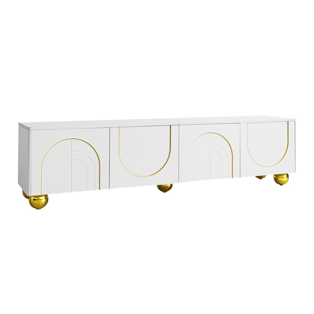 Meuble TV blanc luxueux avec portes sculptées et pieds dorés