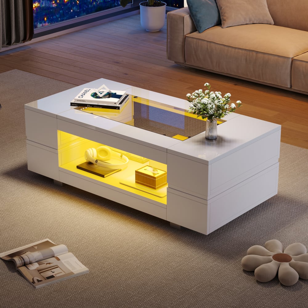 Couchtisch aus gehärtetem Glas mit LED-Beleuchtung,moderner, Weiß