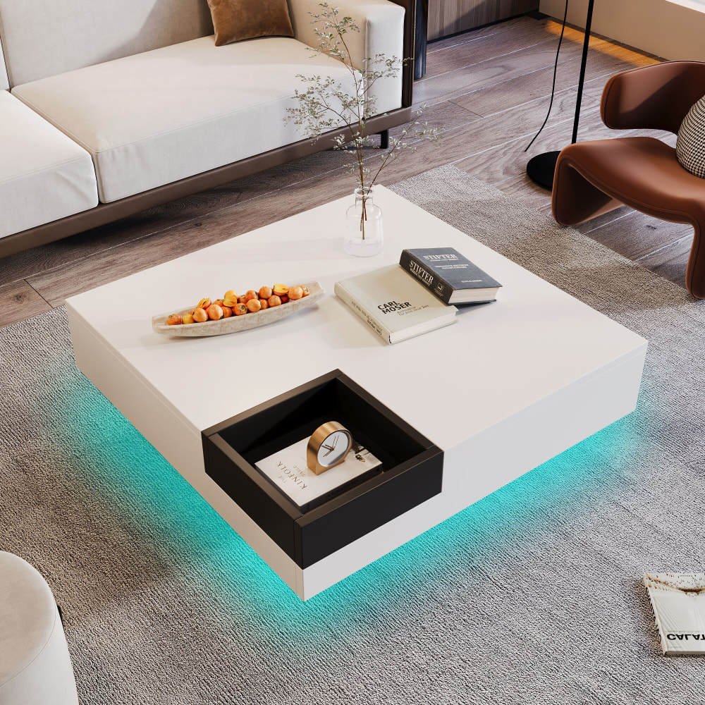 Couchtisch mit zweifarbige LED und Aufbewahrungsbox, quadratisch,