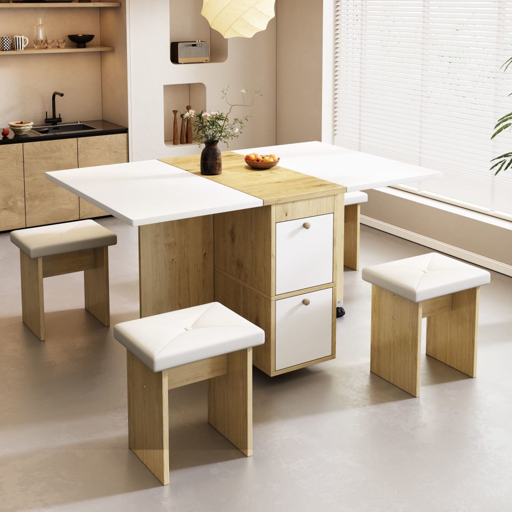 Esstisch und 4 Hocker in Eichenoptik, Weiß - Maisons Du Monde