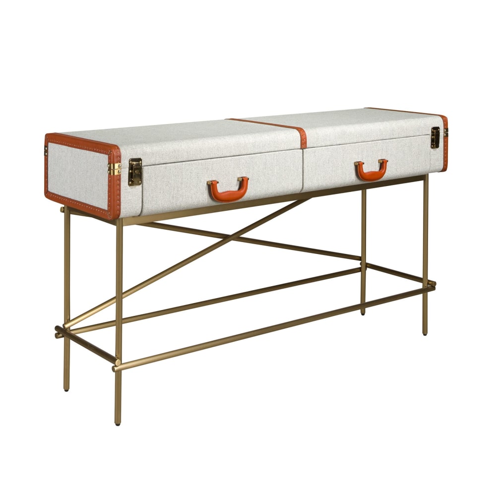 Table console rectangulaire, tissu, noyer et acier poli doré