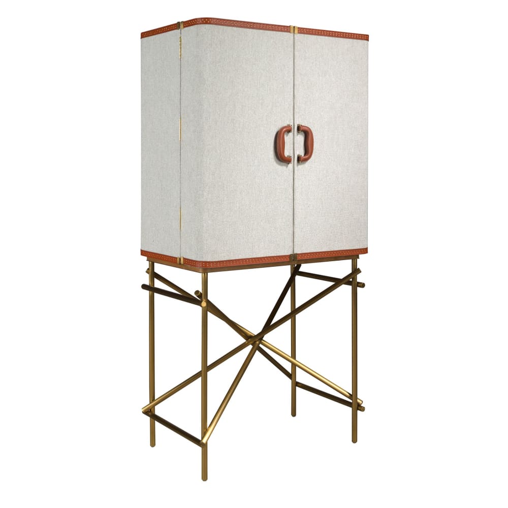 Buffet haut, tissu, noyer et acier poli doré