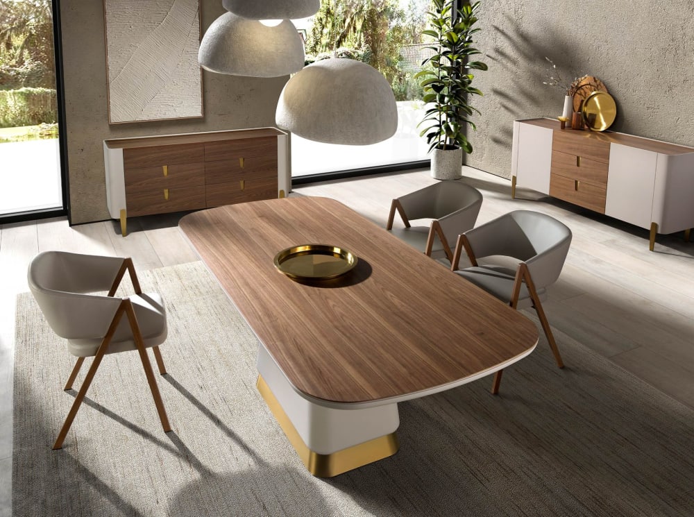 Kommode aus Holz beige, vergoldetem Stahl und Nussbaumplatte -