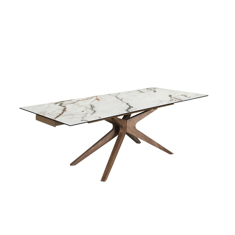 Table à manger extensible rectangulaire en marbre porcelaine et noyer