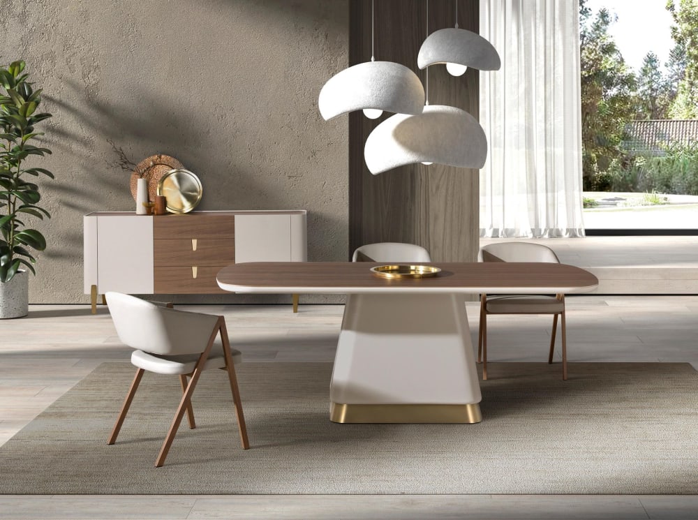 Table de salle à manger rectangulaire en noyer et bois beige
