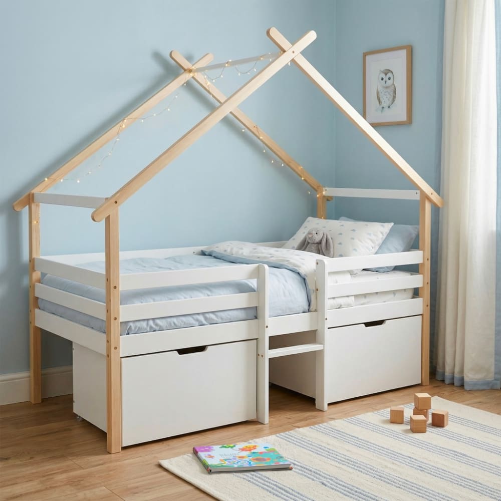 Lit cabane enfant 90 x 190 cm bois de pin blanc sommier + 2 tiroirs Lit cabane enfant 90 x 190 cm bois de pin blanc sommier + 2 tiroirs