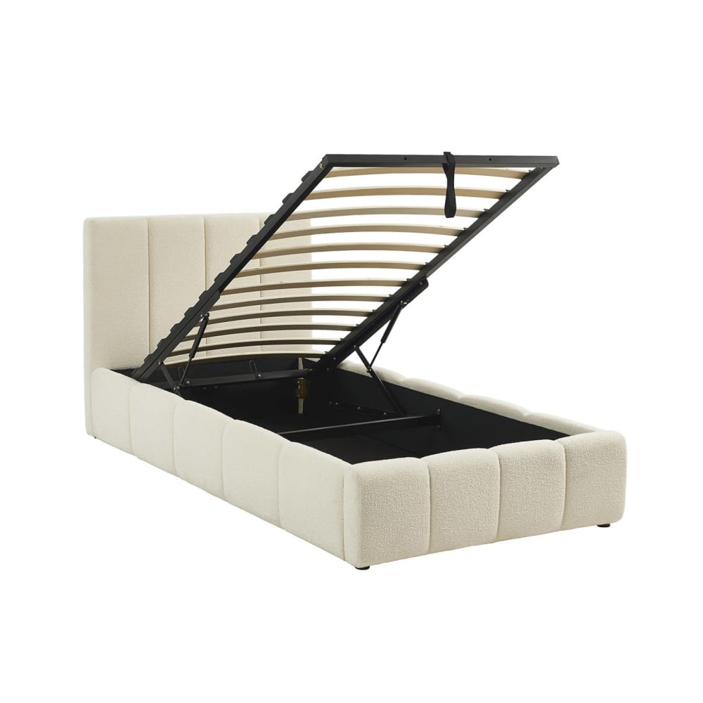 Lit coffre + sommier + tête de lit bouclette texturée blanche 90x190cm