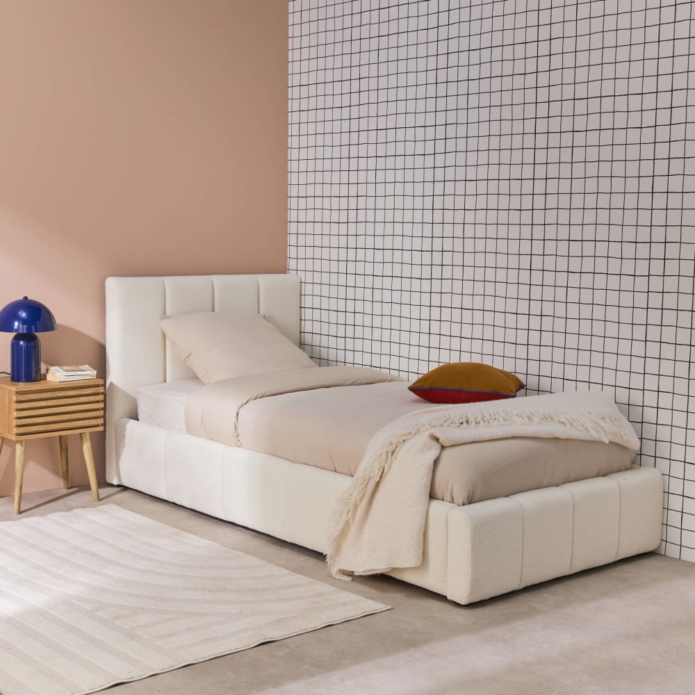 Lit coffre + sommier + tête de lit bouclette texturée blanche 90x190cm