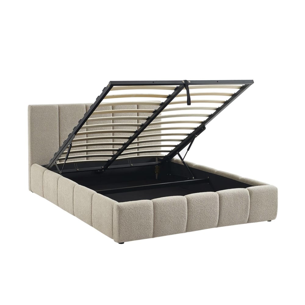 Lit coffre + sommier + tête de lit bouclette texturée beige 140x190cm