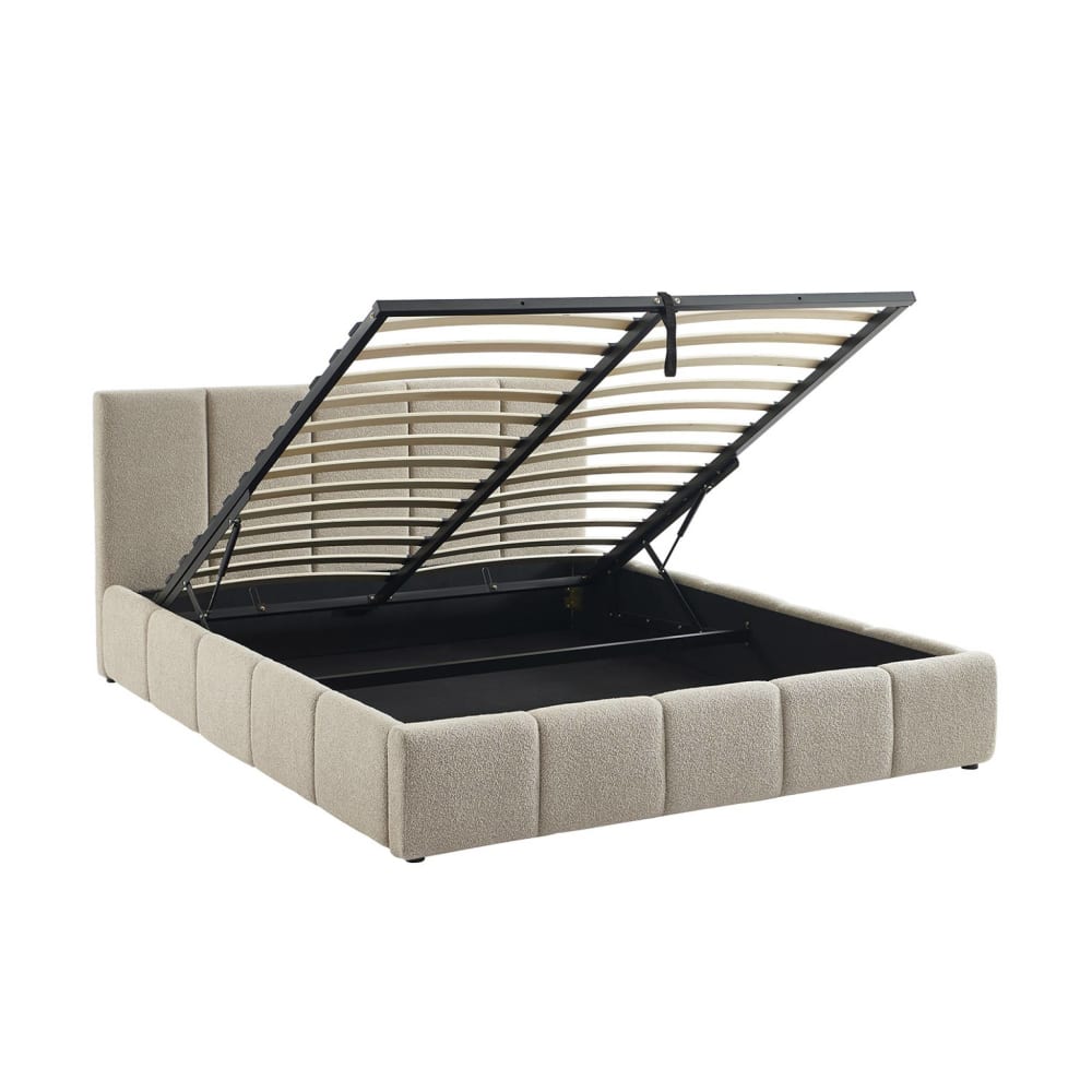 Lit coffre + sommier + tête de lit bouclette texturée beige 160x200cm