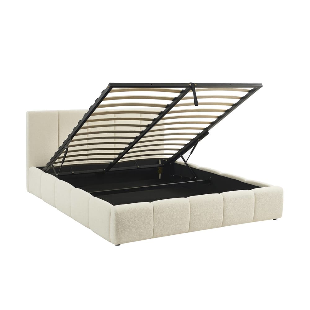 Lit coffre + sommier + tête de lit bouclette texturée blanche