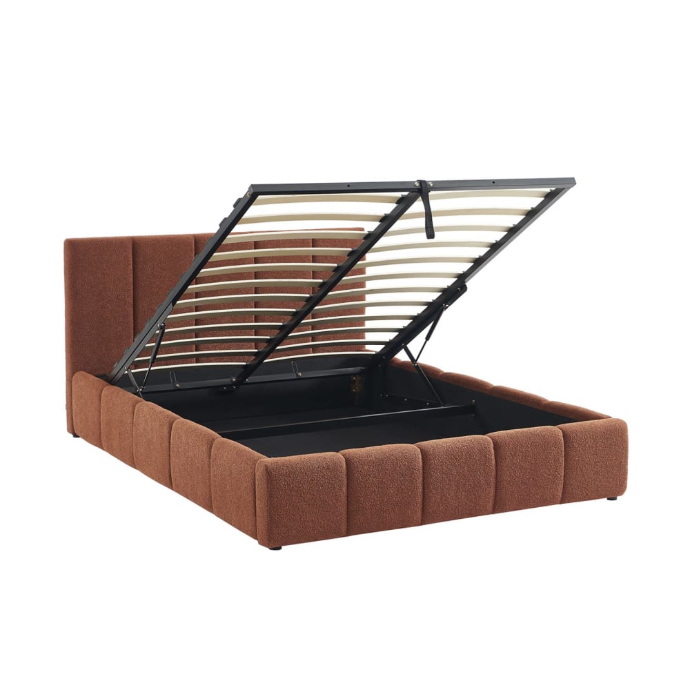 Lit coffre + sommier + tête de lit bouclette texturée terracotta