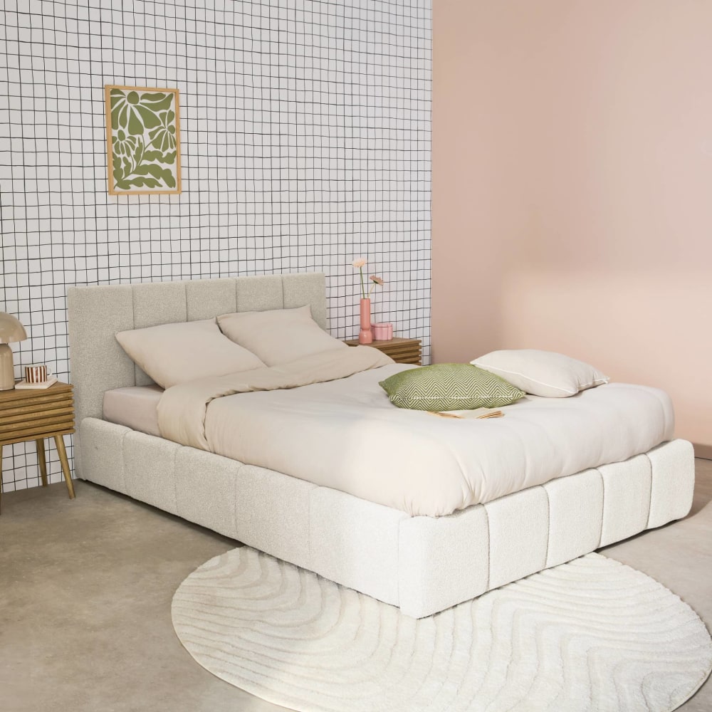 Lit coffre + sommier + tête de lit bouclette texturée blanche