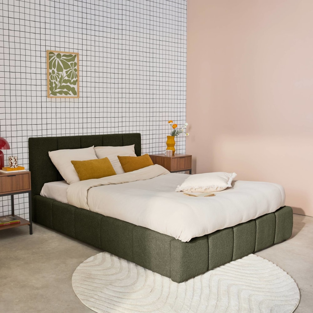 Boxbett + Kopfteil mit Bouclé-Bezug 160x200cm khaki - Maisons Du