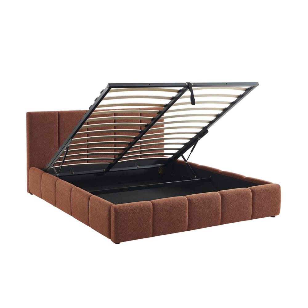 Lit coffre + sommier + tête de lit bouclette texturée terracotta