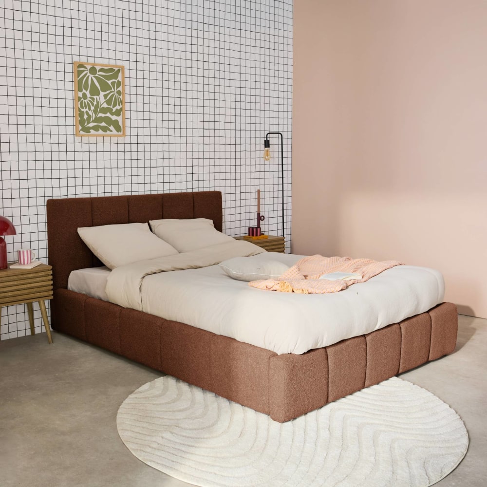 Boxbett + Lattenrost + Kopfteil mit strukturiertem Bouclé-Bezug