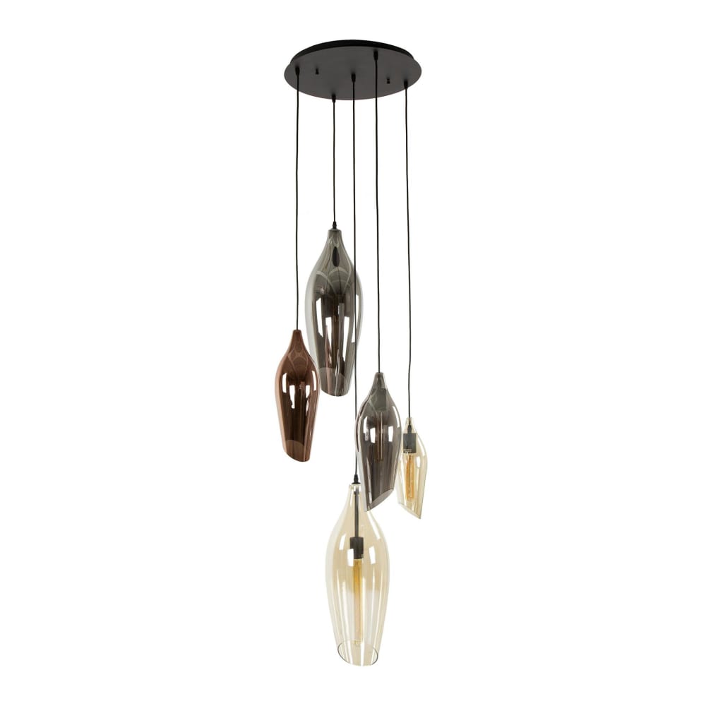 Suspension en verre moderne 5 abat-jour coloris cuivre et ambre