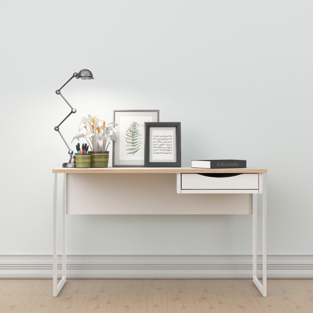 Bureau 1 tiroir avec piètement métallique L130 cm - Blanc