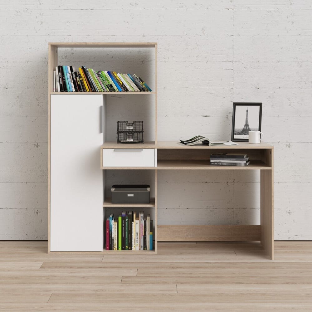 Bureau 1 tiroir, 1 porte, 5 niches décor chêne et blanc l162,8 cm