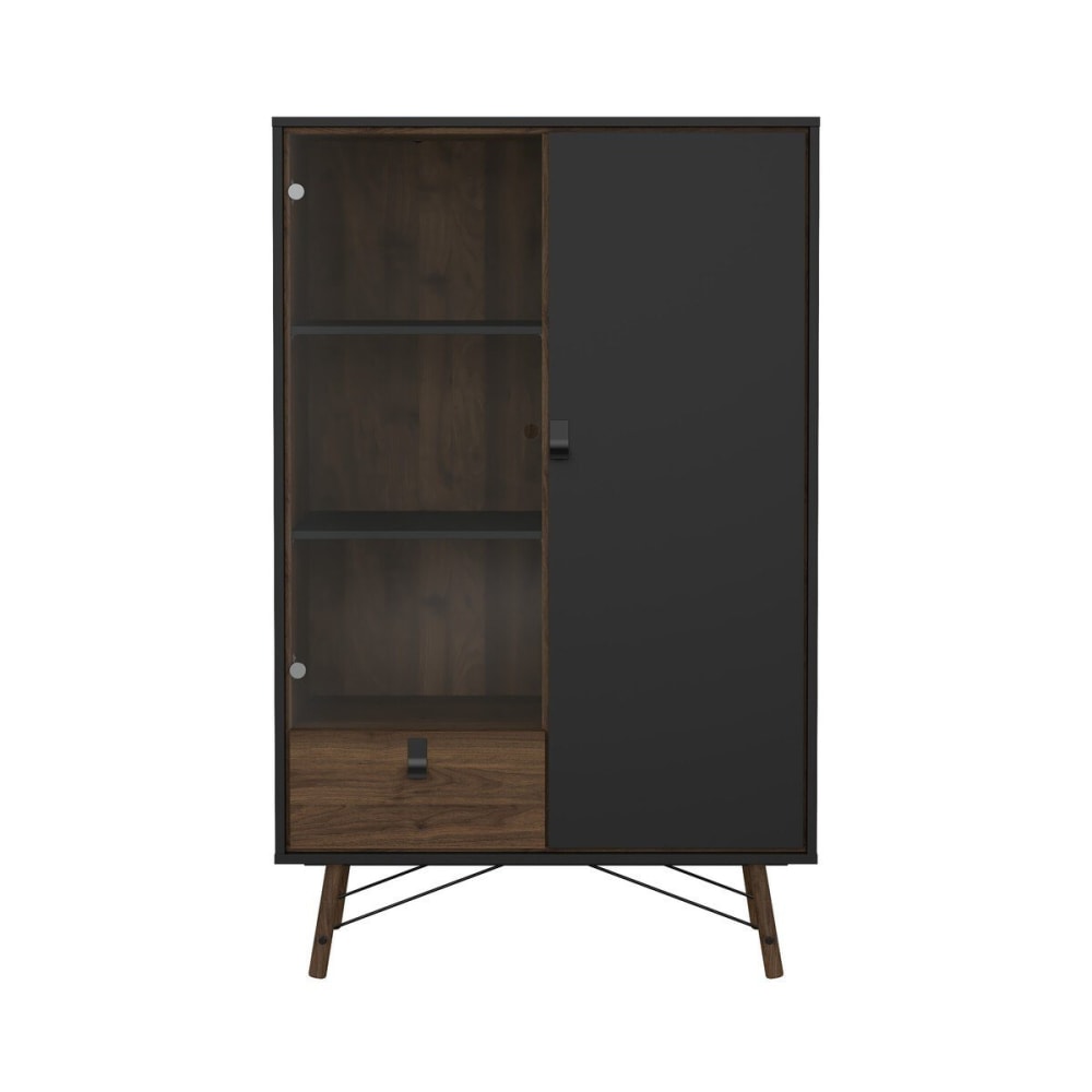 Vitrine 2 portes dont 1 vitrée H161,8 cm - Effet Noyer et Noir