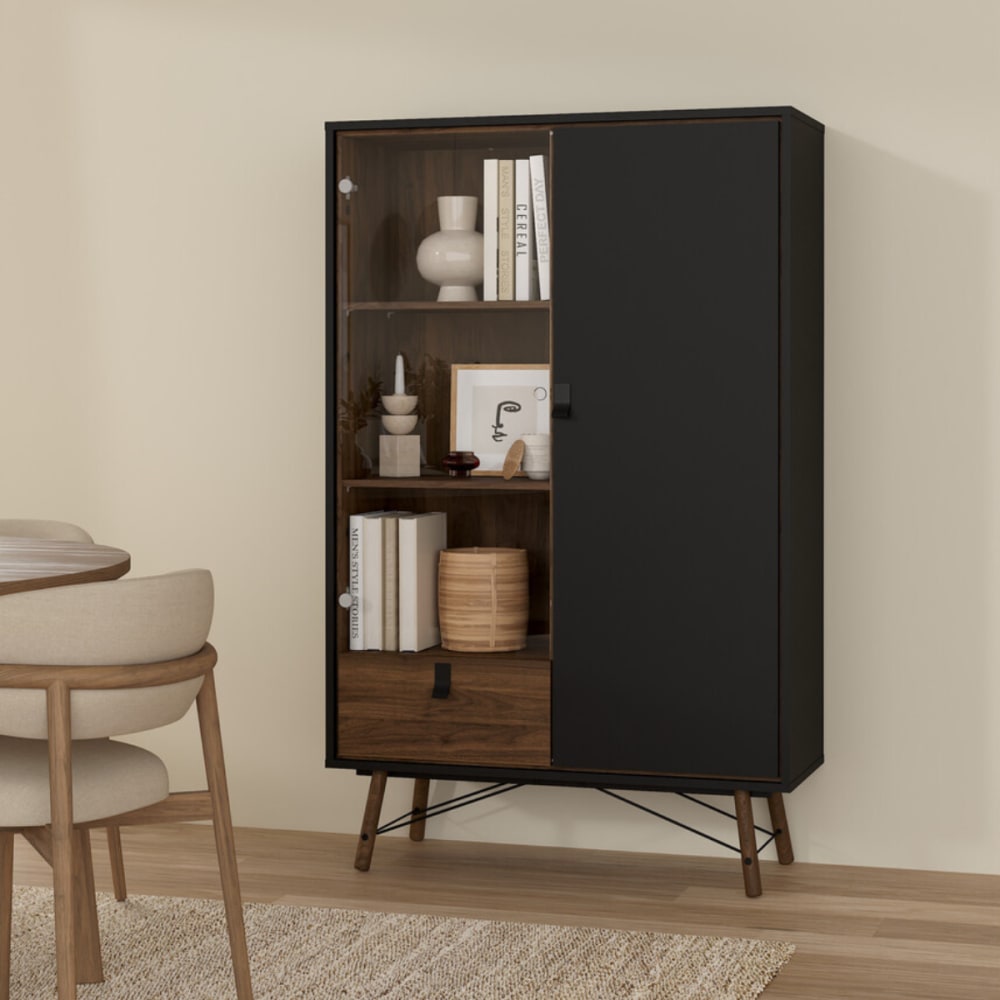 Vitrine 2 Türen davon 1 verglast H161,8 cm - Nussbaumdekor und