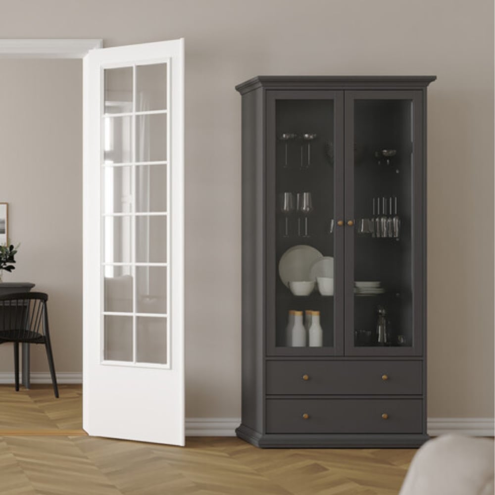 Vitrine 2 portes vitrées et 2 tiroirs l96,2 cm - gris foncé