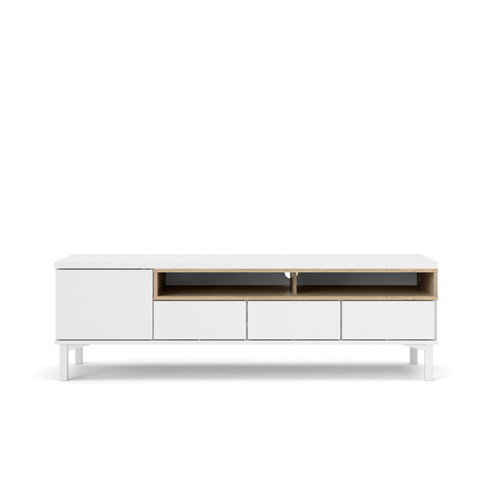 Meuble TV 1 porte et 3 tiroirs L155,7 cm - Effet Blanc et Chêne