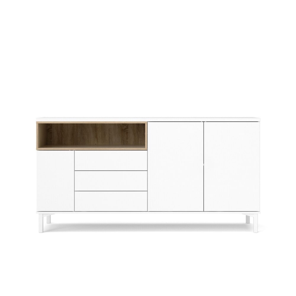 Buffet 3 portes, 3 tiroirs et 1 niche L175,7 cm - Effet Blanc et Chêne