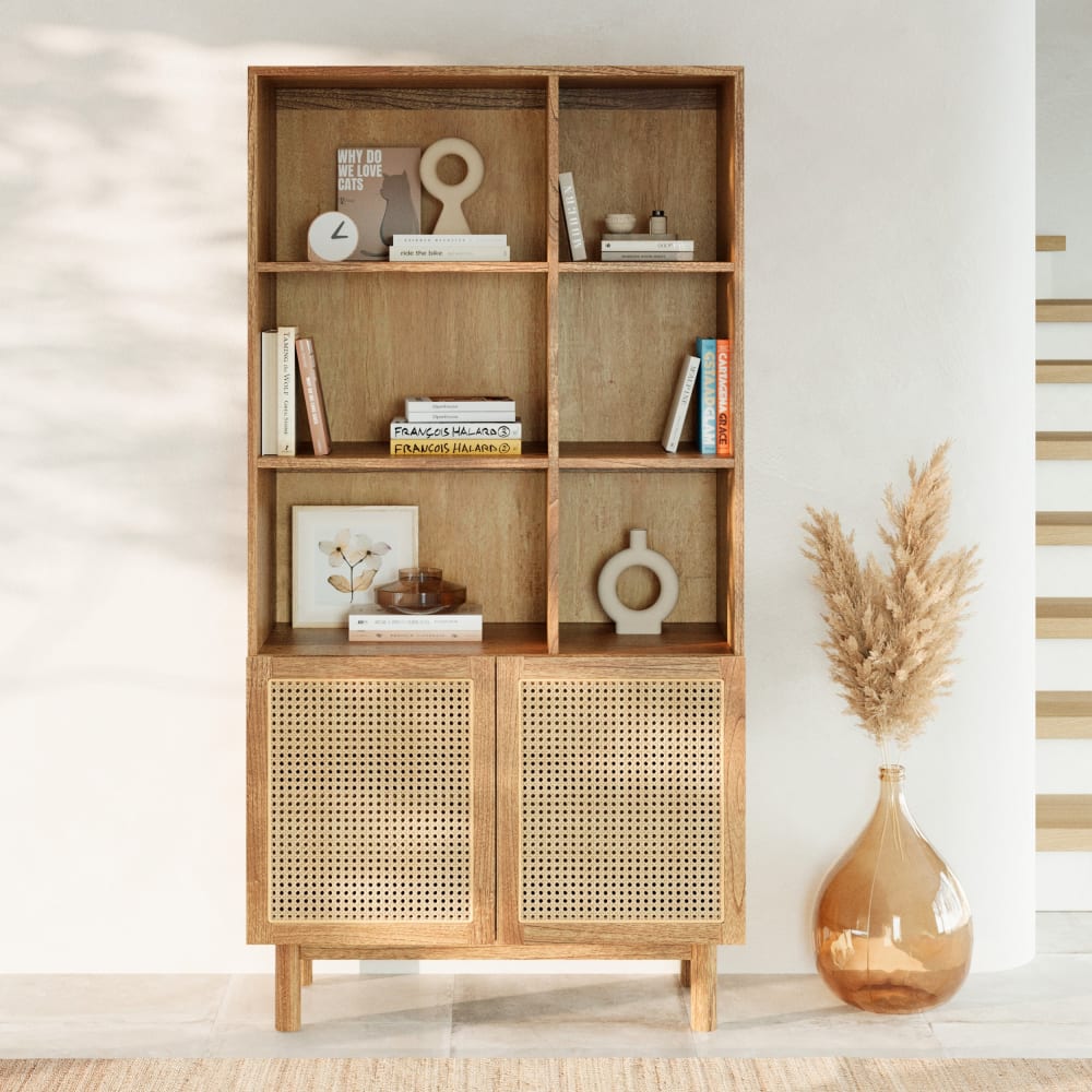 Bibliothèque en bois massif de mindi et rotin