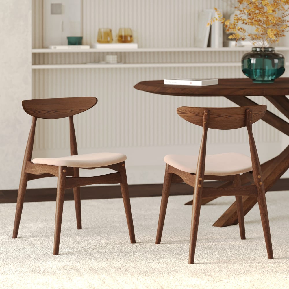 Lot de 2 chaises en tissu beige et bois foncé d'hévéa