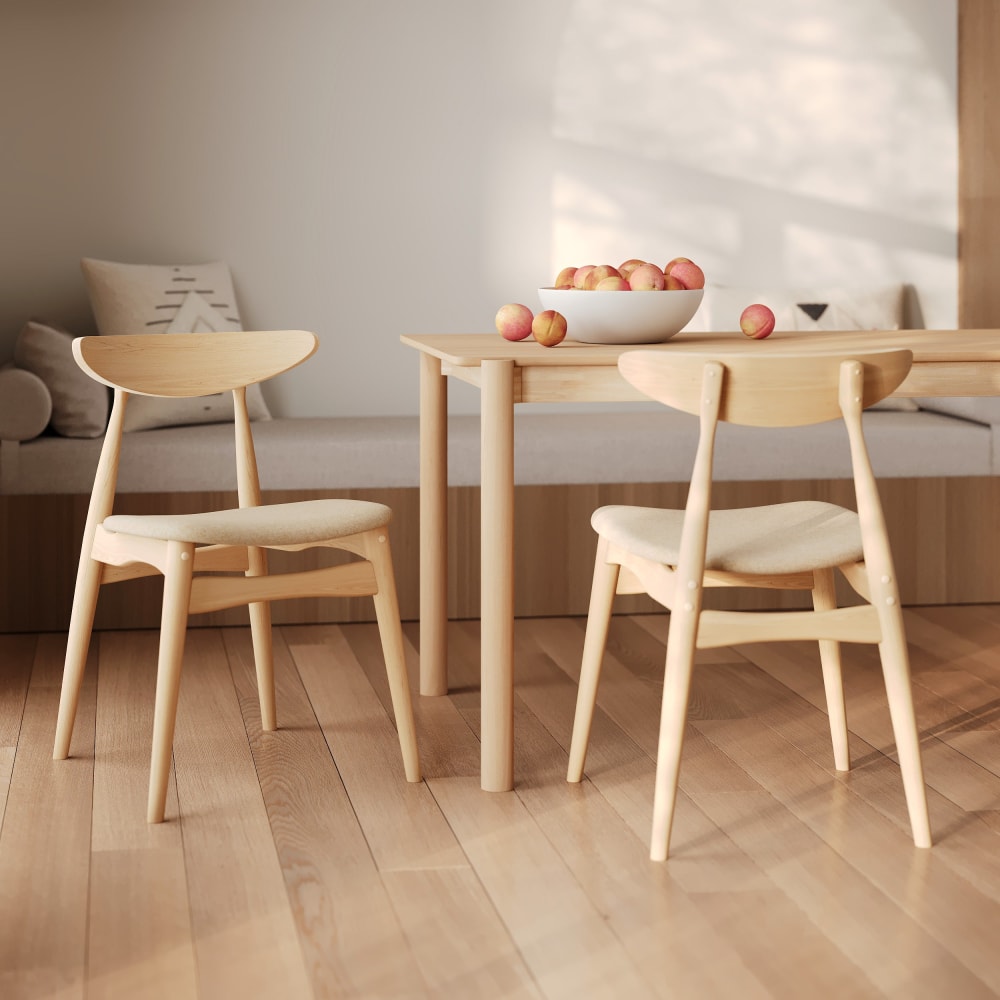 Lot de 2 chaises en tissu beige et bois d'hévéa