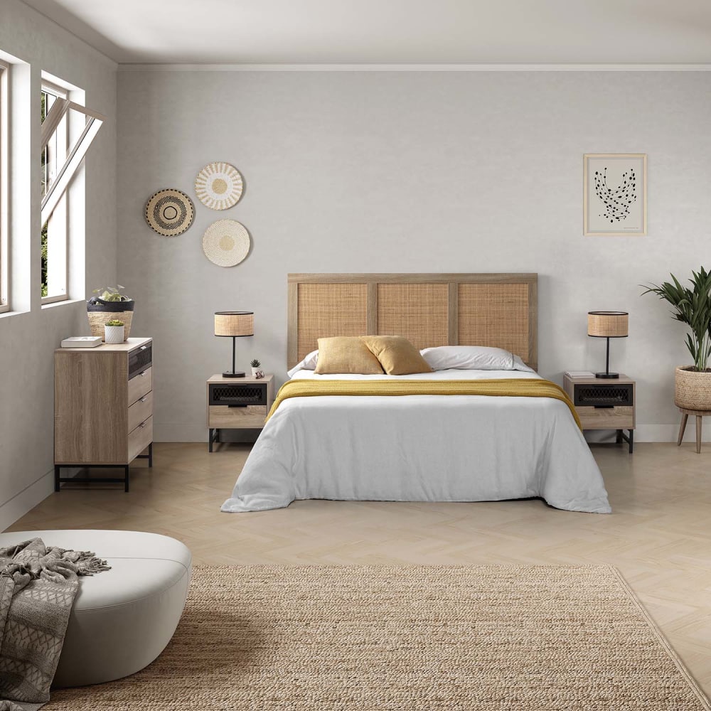 Tête de lit 145 x 60 cm couleur chêne, rotin naturel