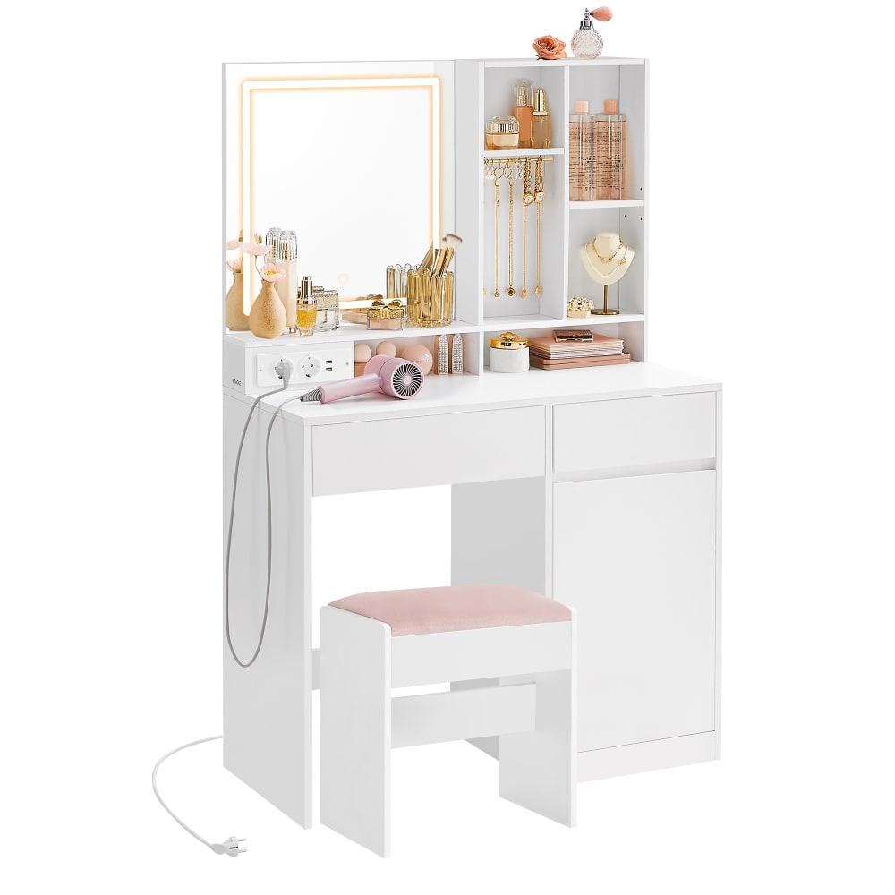 Coiffeuse avec tabouret avec miroir et rangement l 90 cm blanc