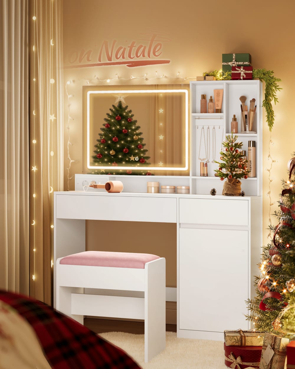Coiffeuse avec tabouret avec miroir largeur de 110 cm blanc