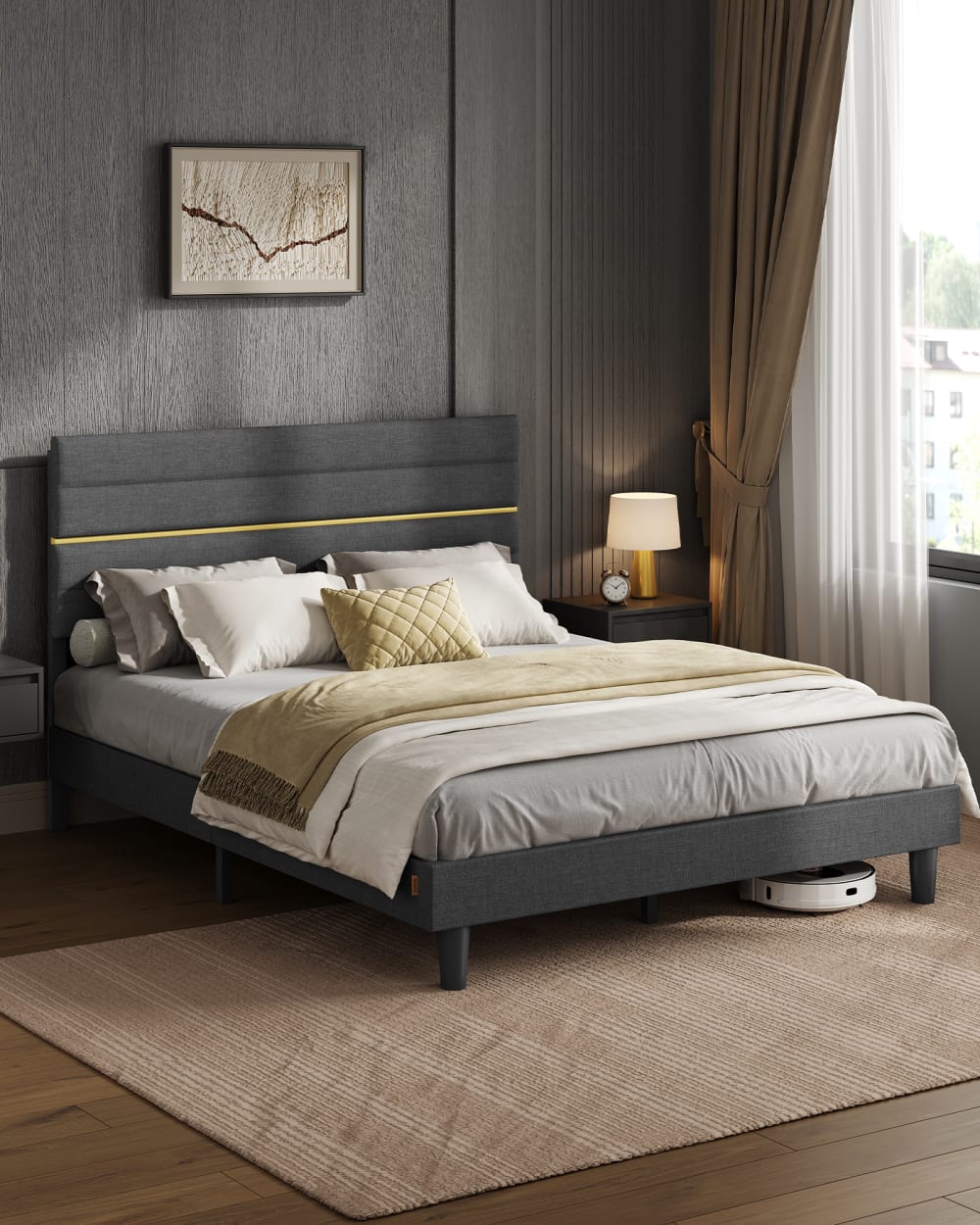 Lit double convient pour un matelas de 160 x 200 cm tête de lit gris