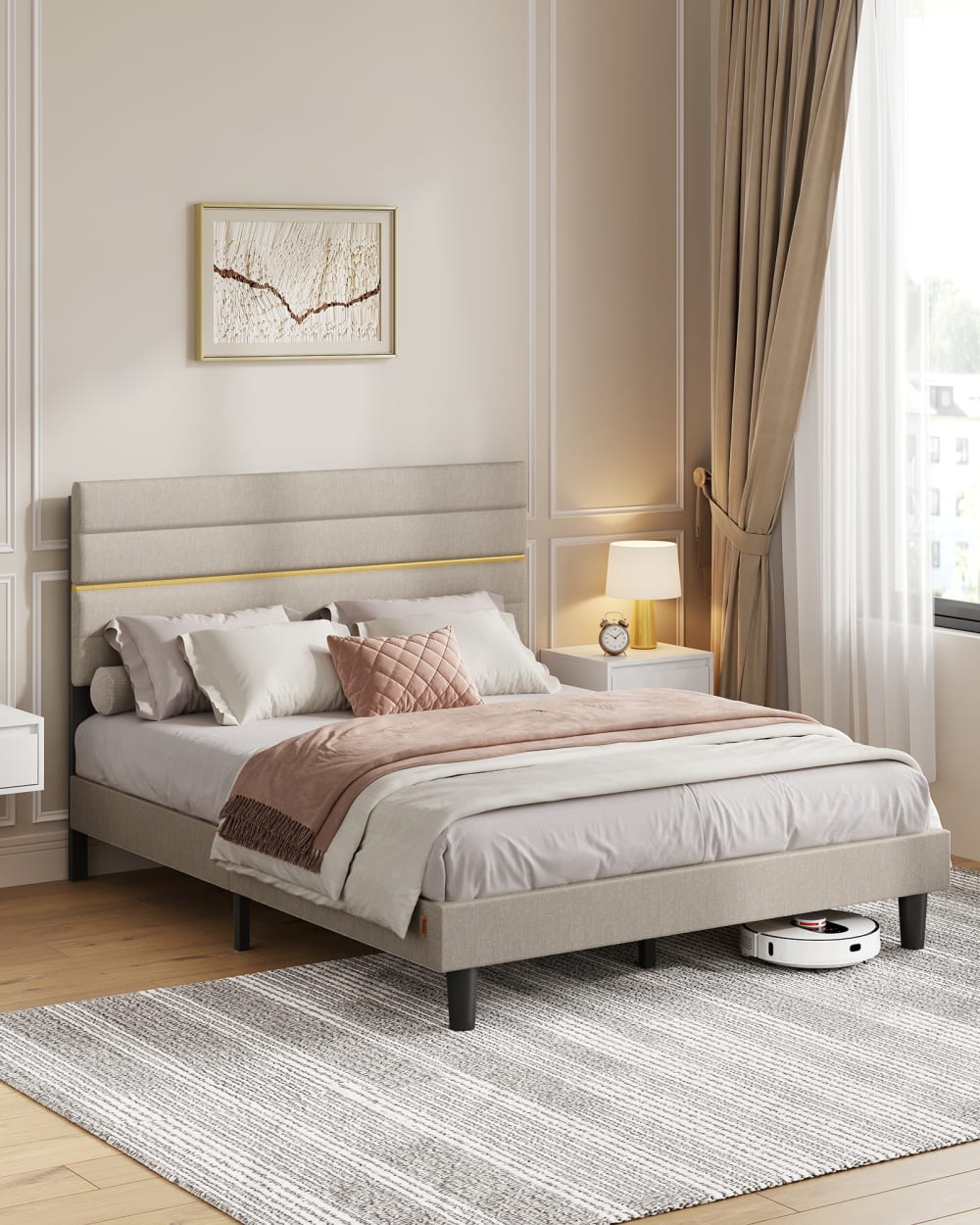 Lit double convient pour un matelas de 140 x 190 cm tête de lit beige