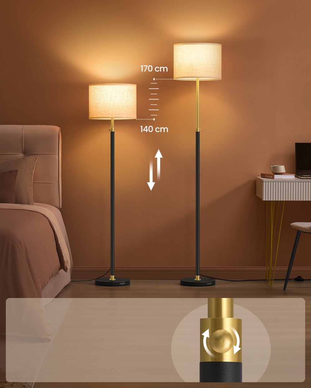 Lampadaire hauteur réglable style moderne douille e27 doré et noir — vue 4