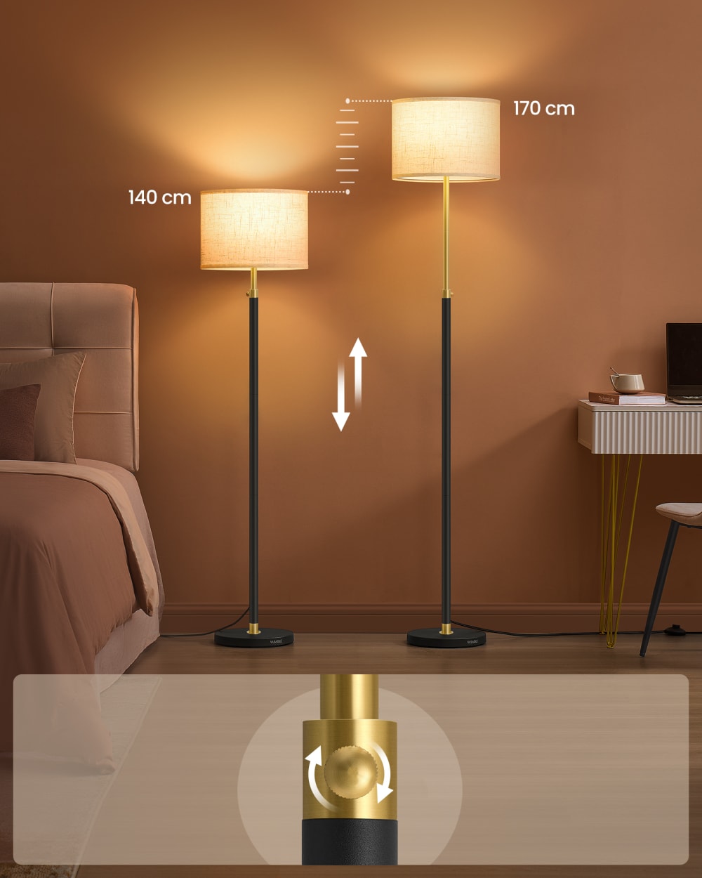Lampadaire réglable en hauteur avec interrupteur 140-171 cm noir — vue 4