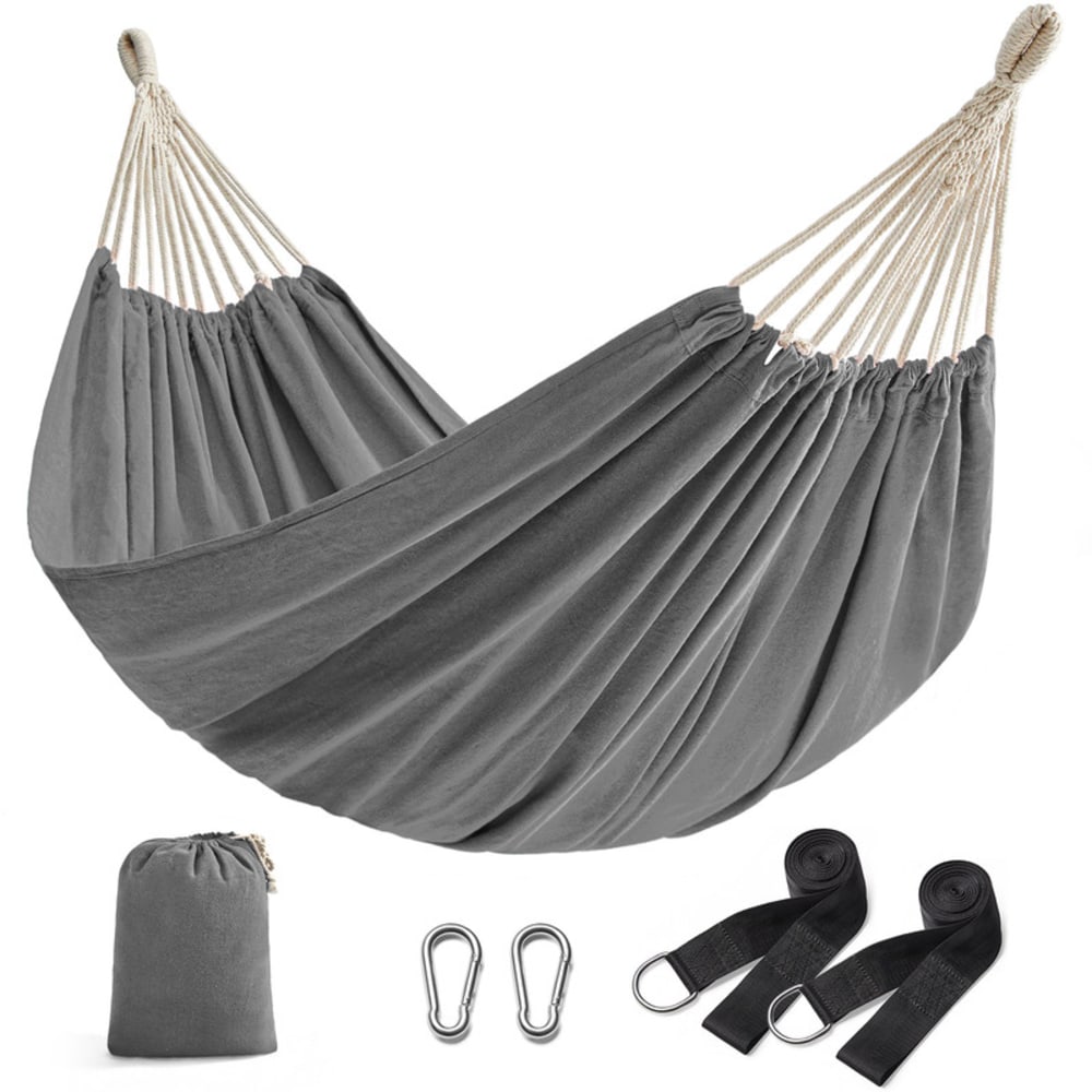 Hamac double 210 x 150 cm sangles de fixation et mousquetons gris