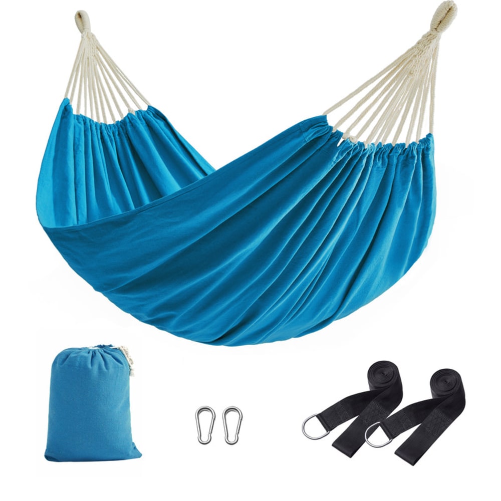 Hamac double 210 x 150 cm sangles de fixation et mousquetons bleu