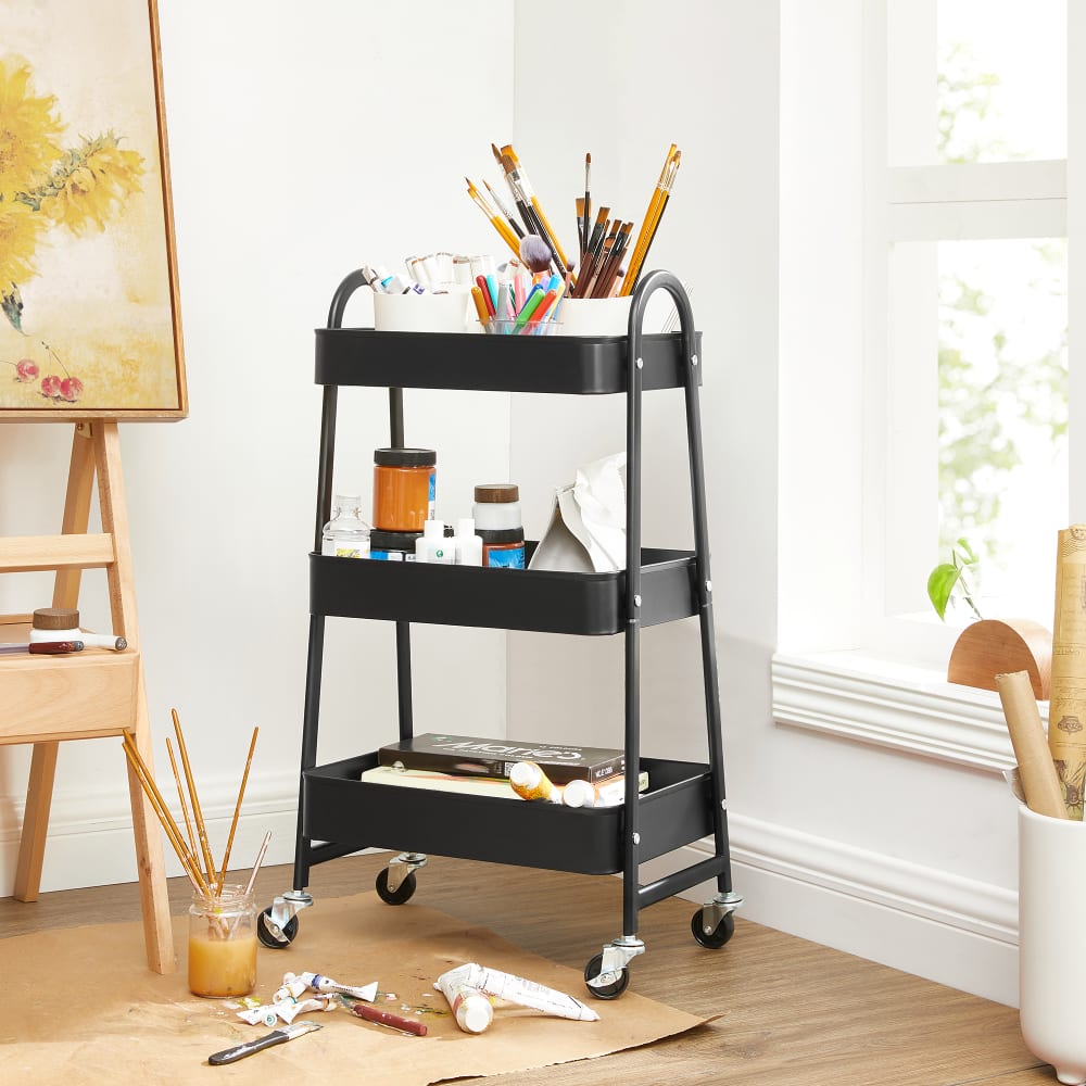 Chariot à roulettes à 3 niveaux desserte en métal pour chambre noir