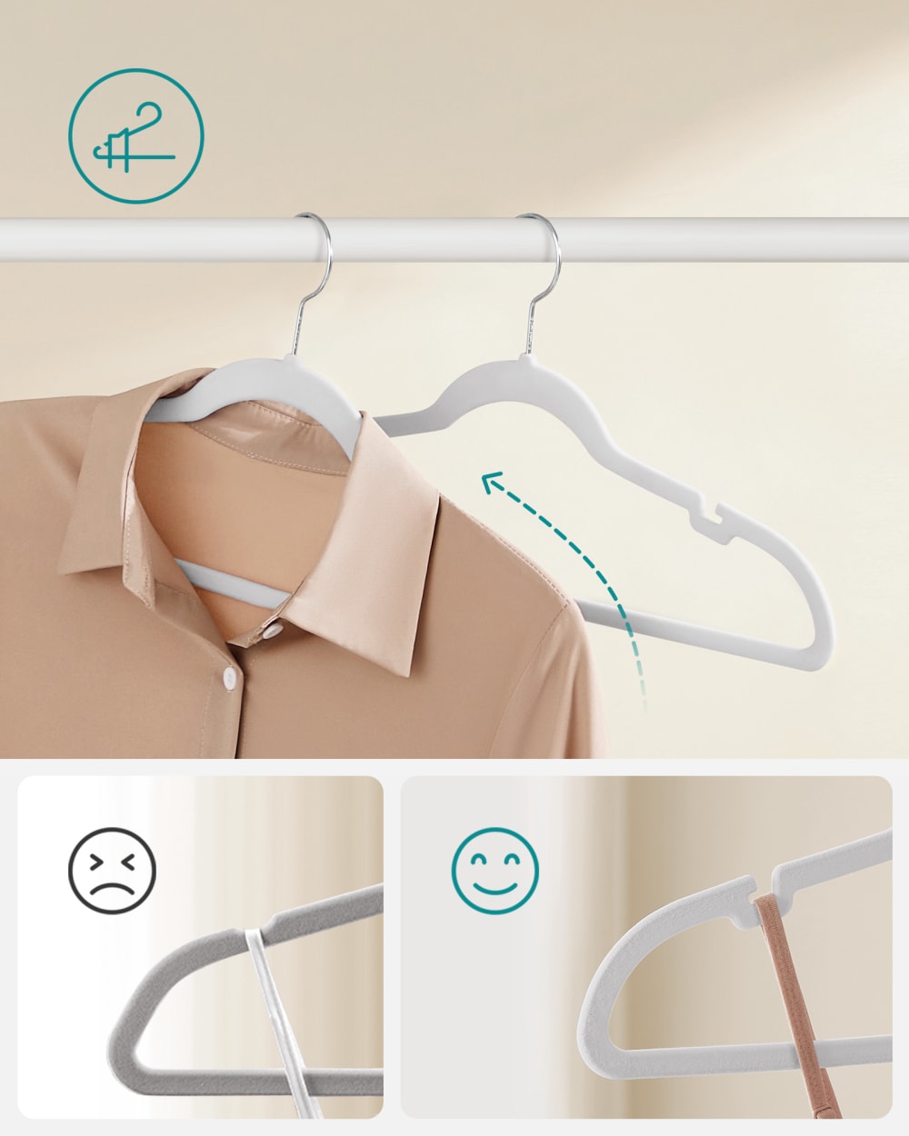 Cintres en velours antidérapants barre pour pantalons crochet blanc — vue 4