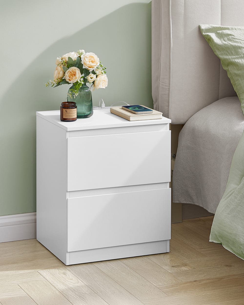 Lots de 2 tables de chevet avec multiprise 2 tiroirs 2 prises ca blanc