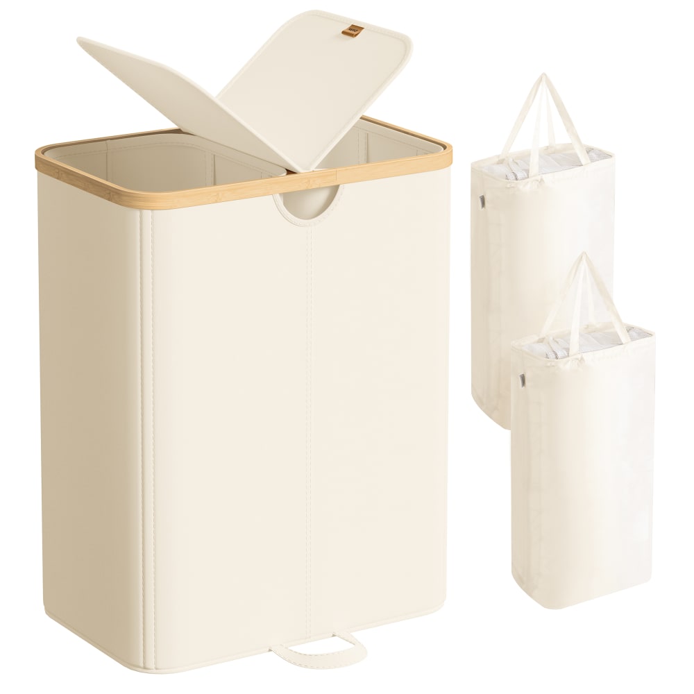 Panier à linge avec 2 compartiments sacs à linge 150 l blanc et crème Panier à linge avec 2 compartiments sacs à linge 150 l blanc et crème