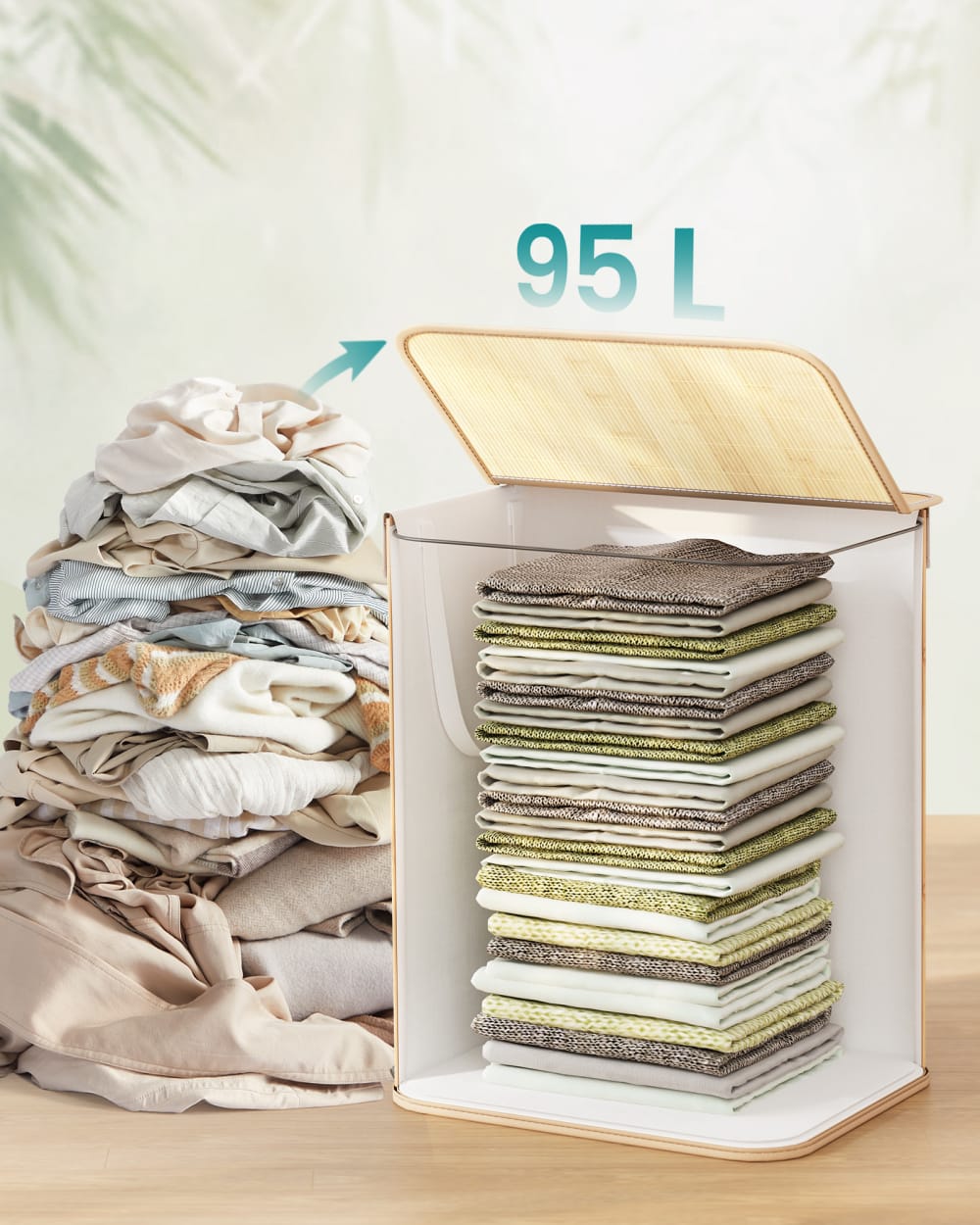 Panier à linge avec couvercle bambou avec poignées pliable sac 95 l