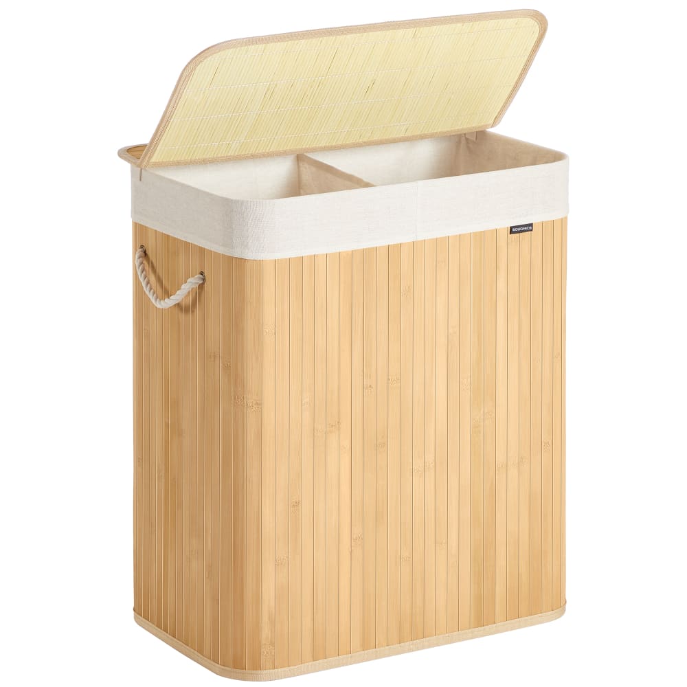 Panier à linge 100 l 2 compartiments couvercle pliable couleur boisée