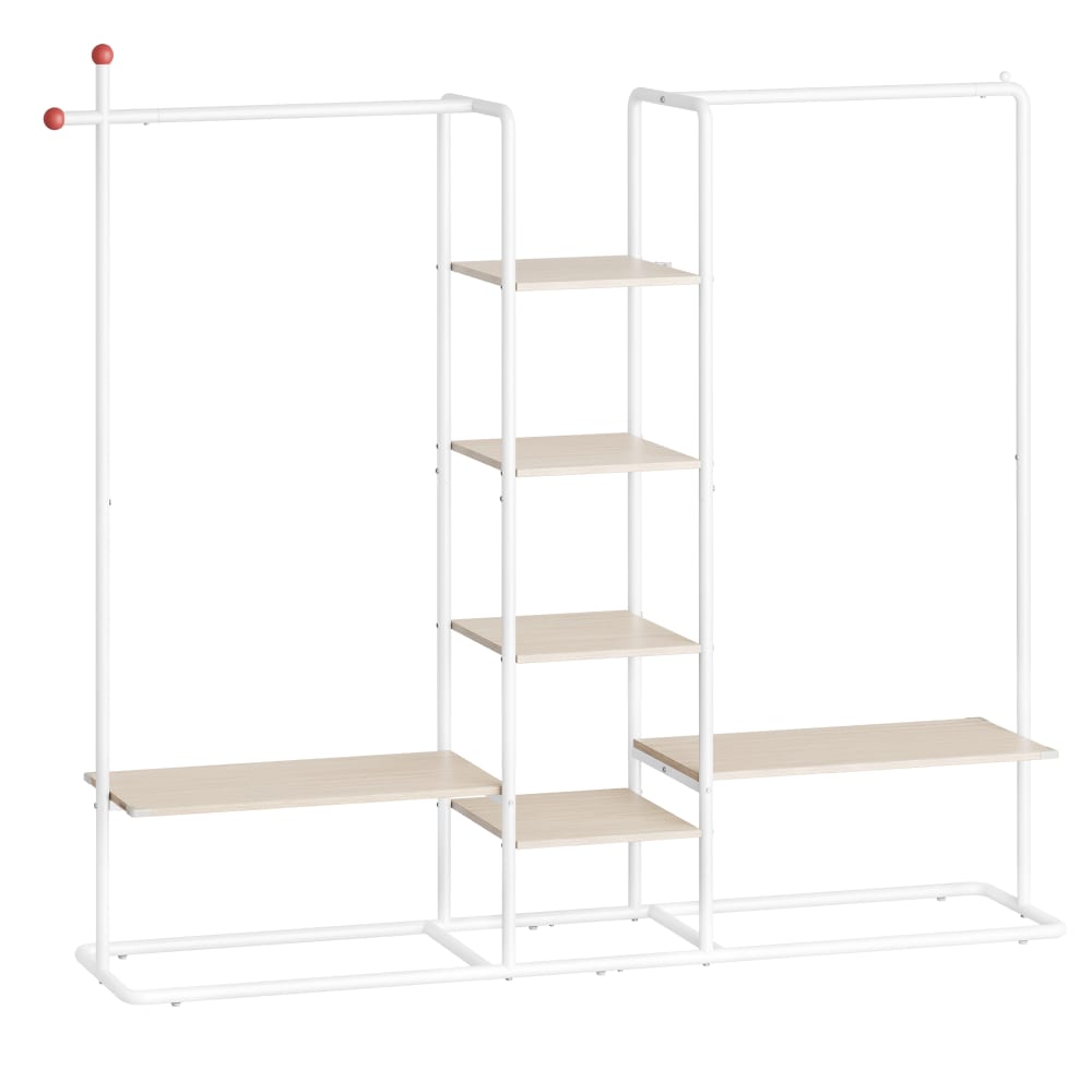 Portant à vêtement 6 étagères de rangement 2 tringles beige et blanc — Beyit