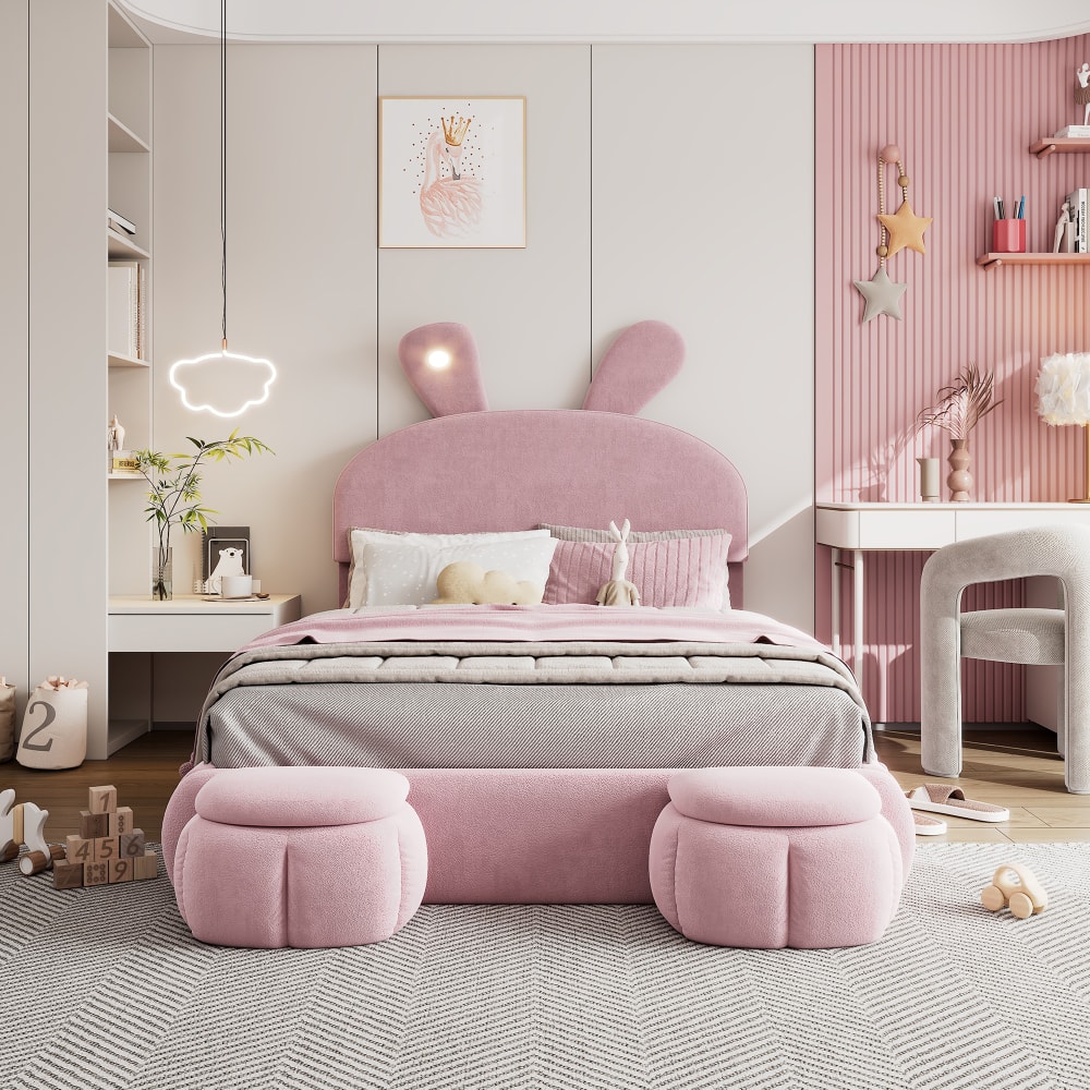 Kaninchenförmiges Bett 140x200 cm mit 2 Sitzbank aus Samt, rosa -