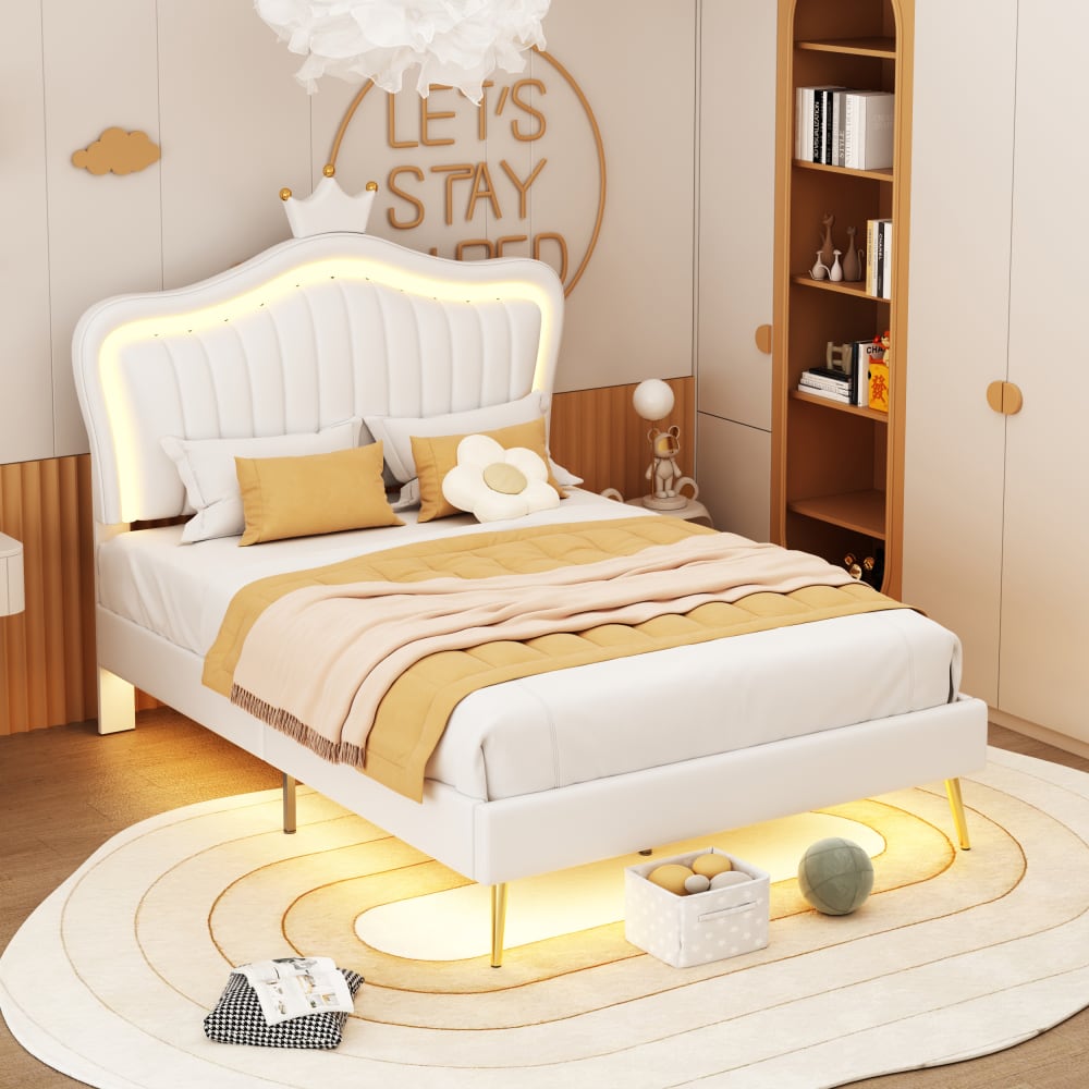 Polsterbett 90x200 cm mit Kronenformung und LED, aus PU, weiß -